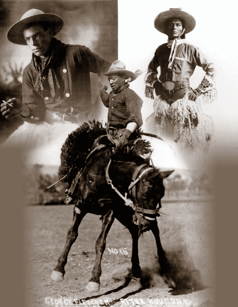 Black-and-white collage of three cowboys in wide-brim hats and western clothing, with a galloping horse in the foreground.